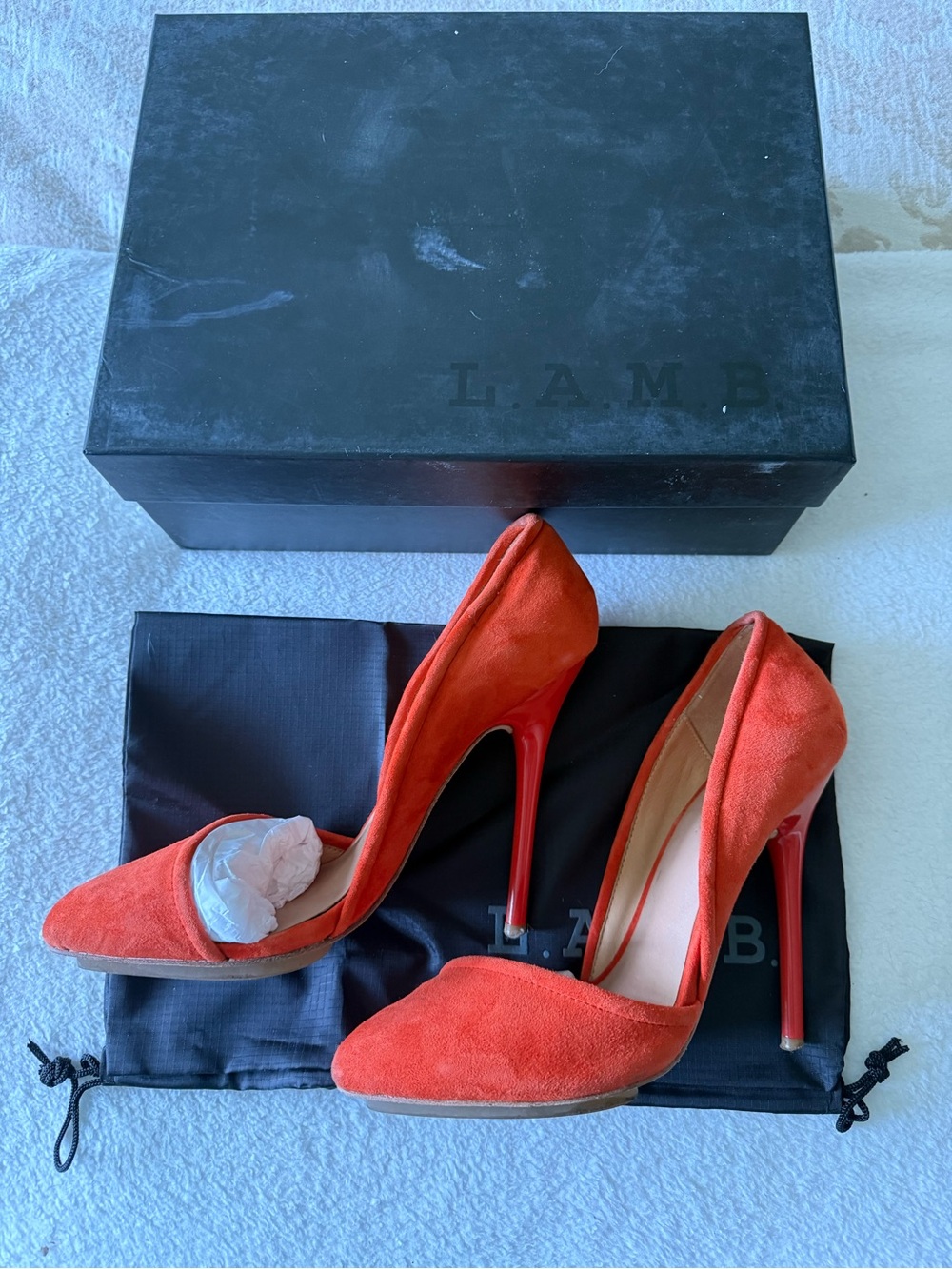 L.A.M.B. Meredith Orange Suede Pointed-Toe Pumps - Picture 3 of 8